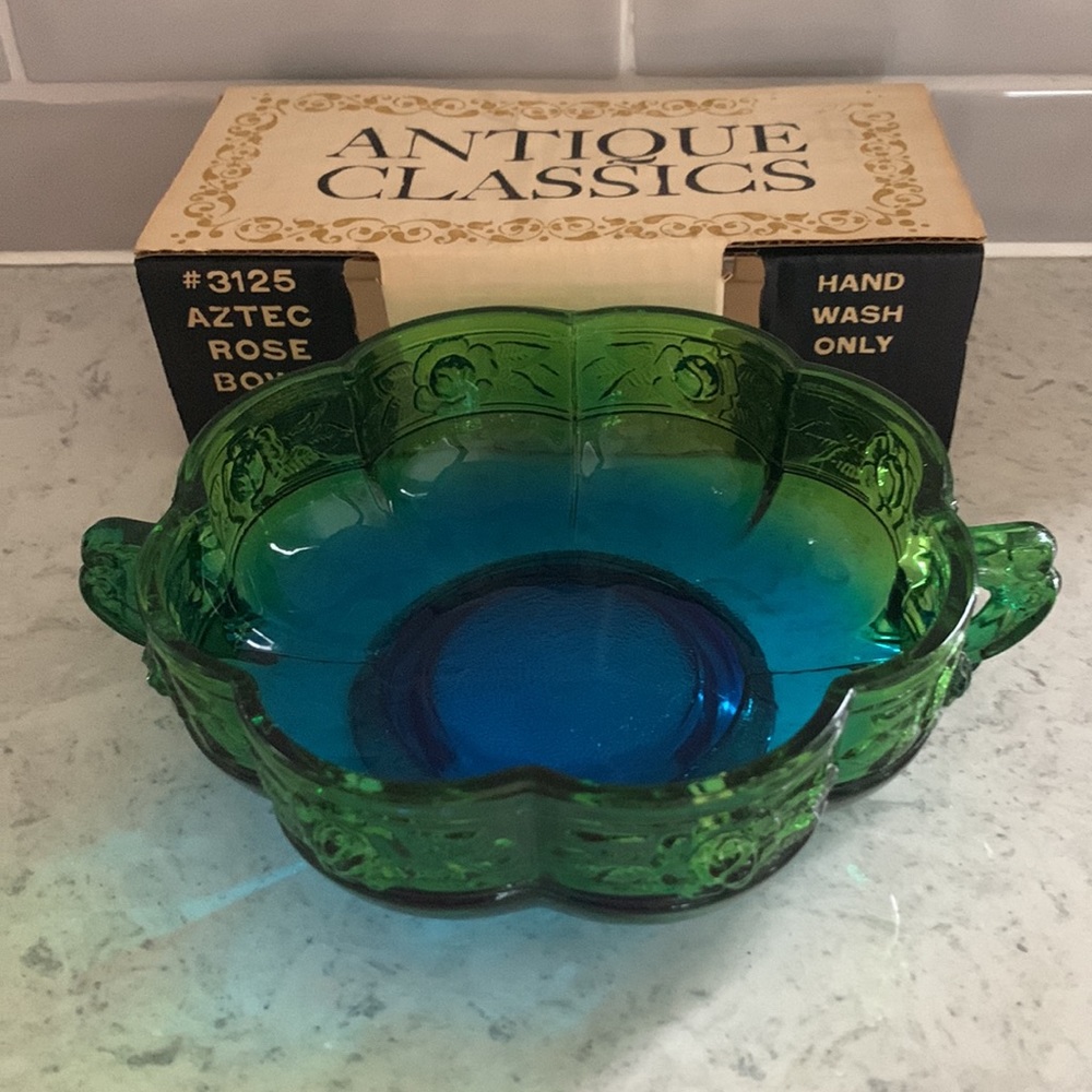 MCM 1960’s Jeanette Glass Aztec Rose Blue Green ombré 2 Handled Bowl Candy Dish